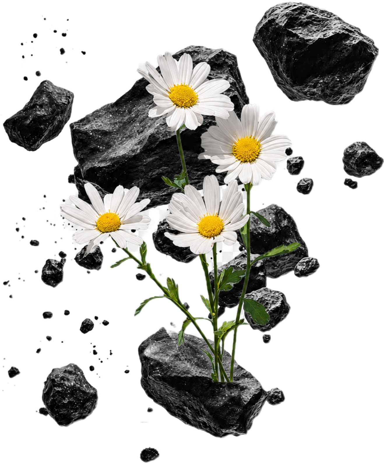 Floating rock island with botanical forms